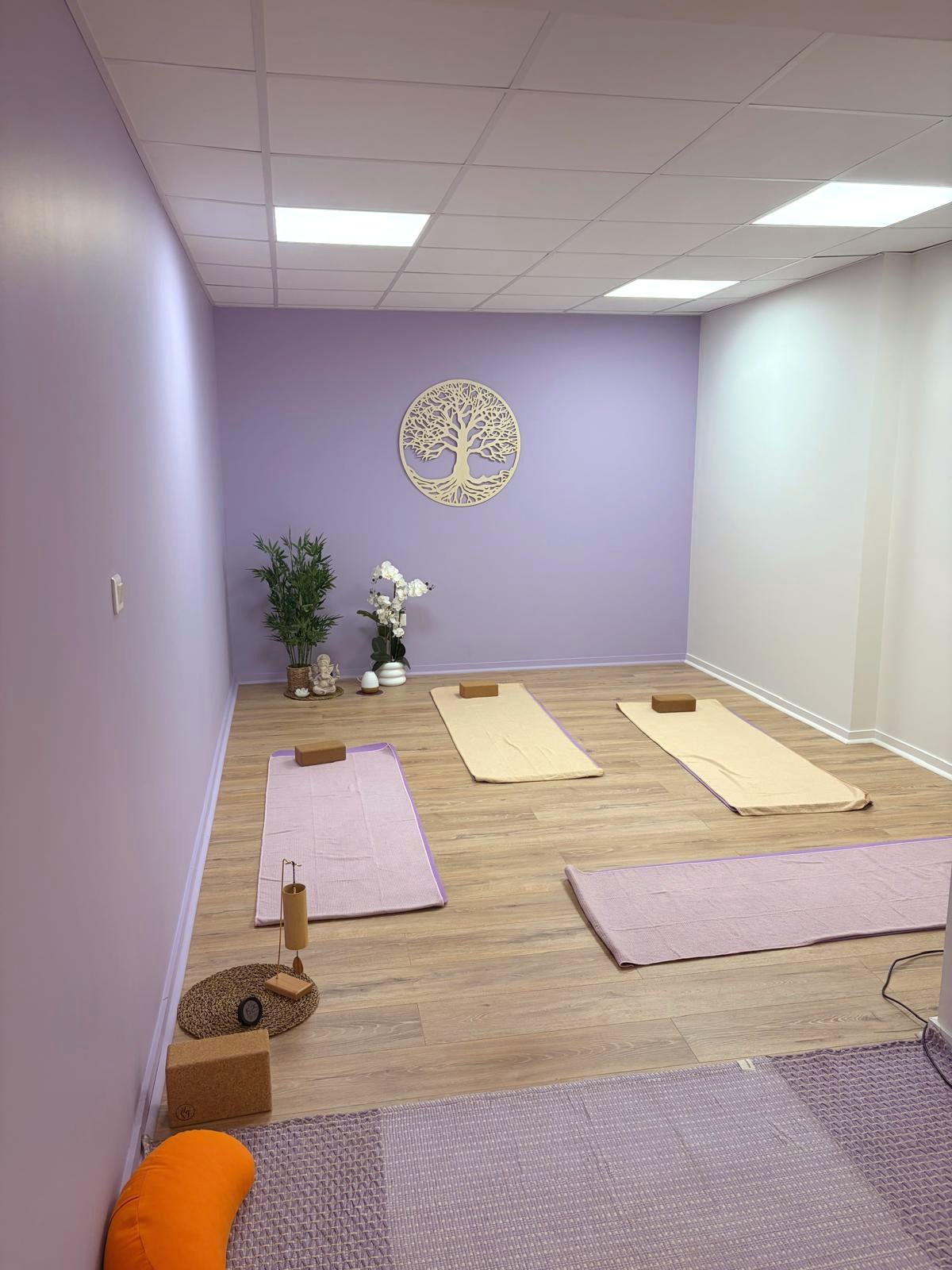 Salle de yoga du Studio Santosha préparée pour un cours